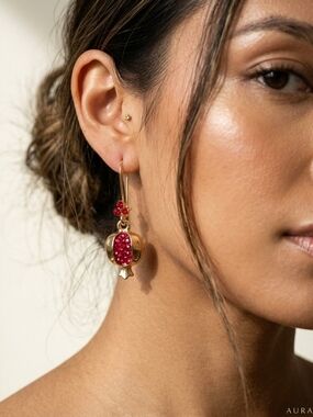 Gold Tone Pomegranate Drop Earrings Red Rhinestone Dangle 2”